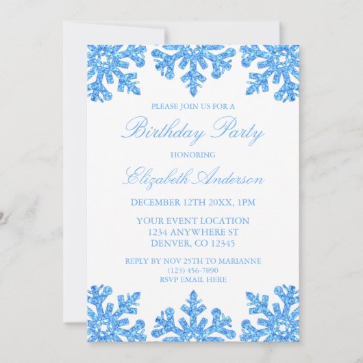 Blue Snowflake Winter Birthday Party Kaart (Voorkant)