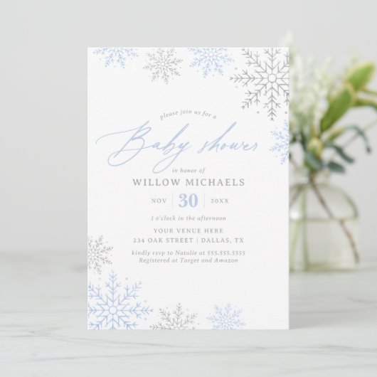 Blue Snowflake Winter Boy Baby shower Kaart (Staand voorkant)