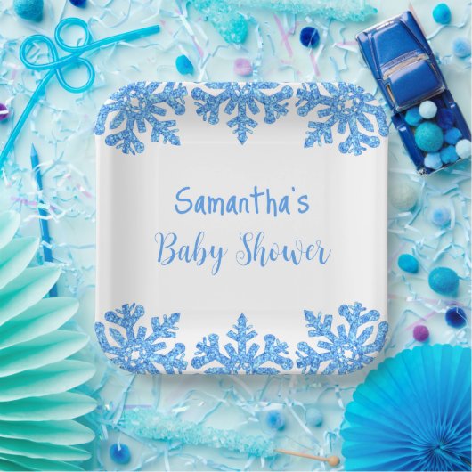Blue Snowflake Winter Boy Baby shower Papieren Bordje (Feest)