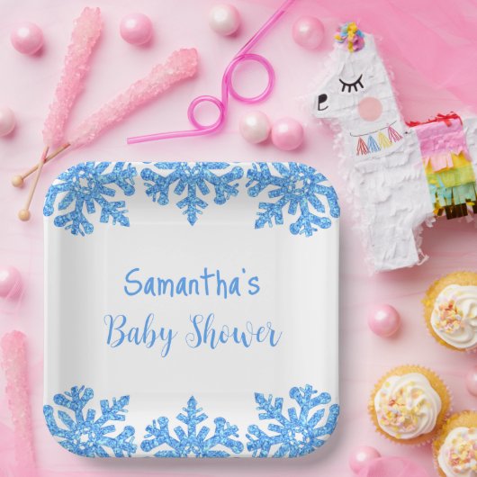 Blue Snowflake Winter Boy Baby shower Papieren Bordje (Feest)