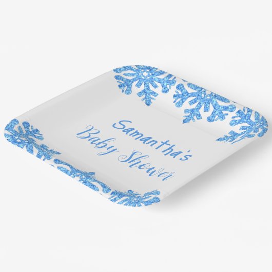 Blue Snowflake Winter Boy Baby shower Papieren Bordje (Gebogen)