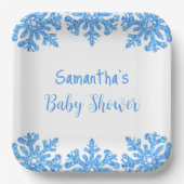 Blue Snowflake Winter Boy Baby shower Papieren Bordje (Voorkant)
