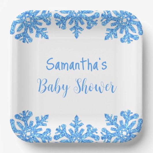 Blue Snowflake Winter Boy Baby shower Papieren Bordje (Voorkant)