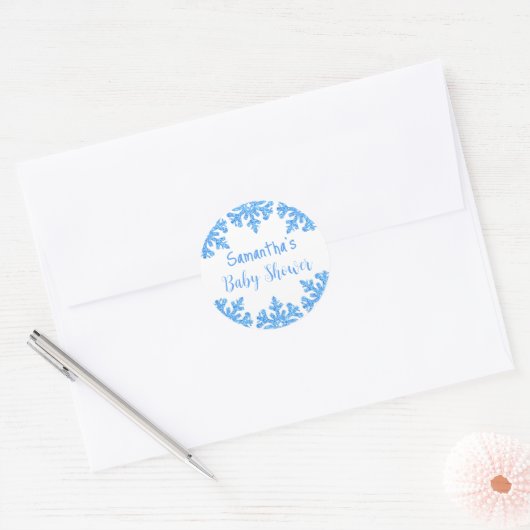 Blue Snowflake Winter Boy Baby shower Ronde Sticker (Envelop)