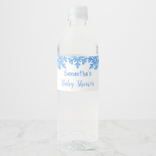 Blue Snowflake Winter Boy Baby shower Waterfles Etiket (Voorkant)