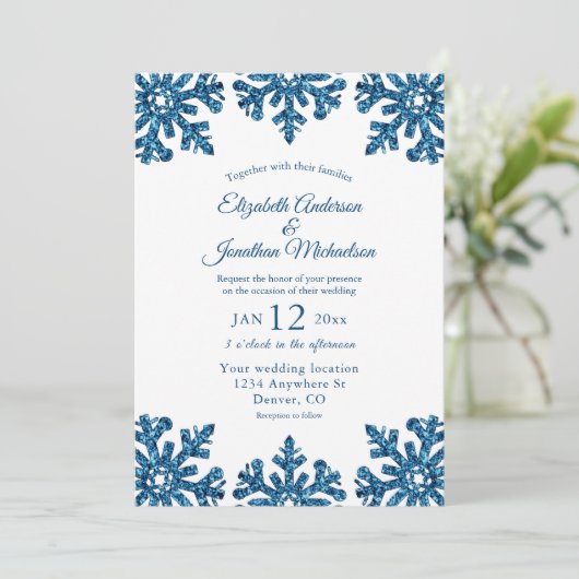 Blue Snowflake Winter Wedding Kaart (Staand voorkant)
