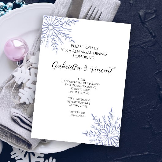 Blue Snowflake Winter Wedding Rehearsal Dinner Kaart