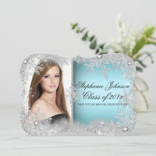 Blue Snowflake Winter Wonderland Afstuderen Kaart (Staand voorkant)