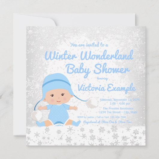 Blue Snowflake Winter Wonderland Baby shower Kaart (Achterkant)