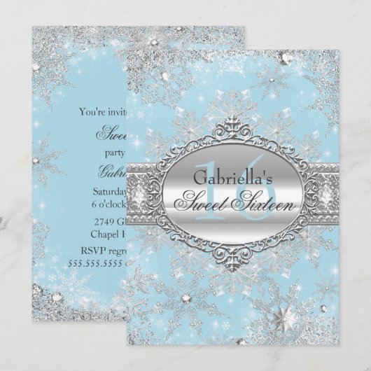 Blue Snowflake Winter Wonderland Sweet 16 Invite Kaart (Voorkant / Achterkant)