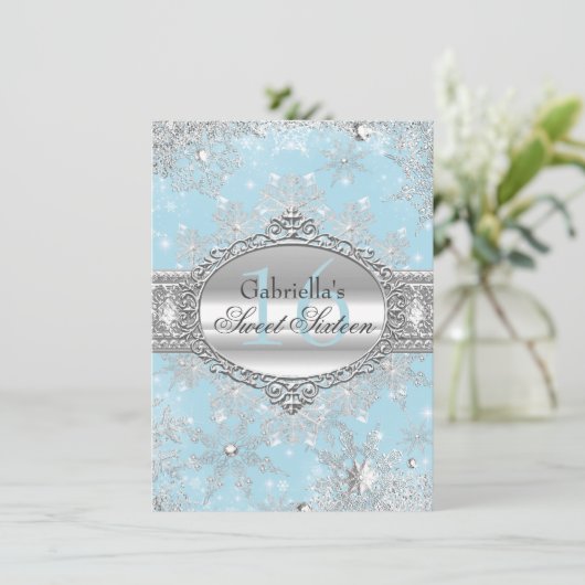 Blue Snowflake Winter Wonderland Sweet 16 Invite Kaart (Staand voorkant)