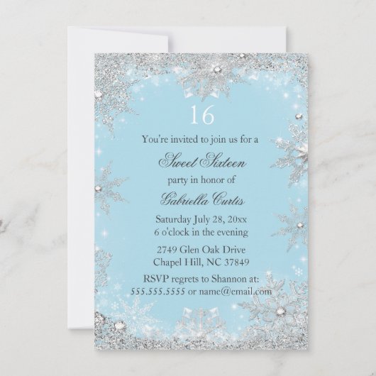 Blue Snowflake Winter Wonderland Sweet 16 Invite Kaart (Achterkant)