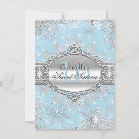 Blue Snowflake Winter Wonderland Sweet 16 Invite Kaart (Voorkant)
