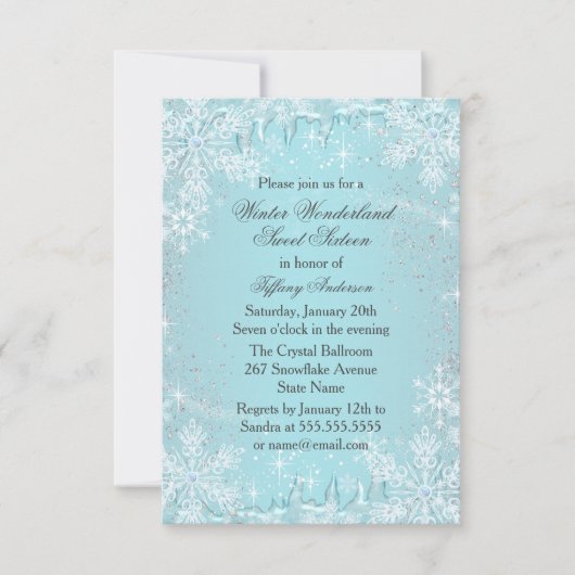 Blue Snowflake Winter Wonderland Sweet 16 Invite RSVP Kaartje (Voorkant)