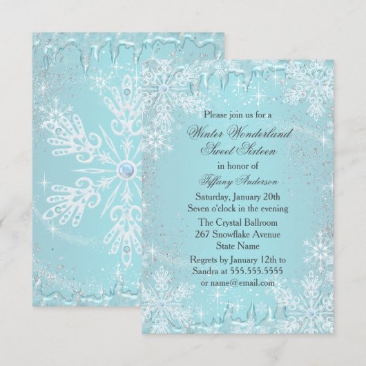Blue Snowflake Winter Wonderland Sweet 16 Invite RSVP Kaartje (Voorkant / Achterkant)