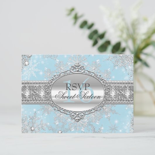 Blue Snowflake Winter Wonderland Sweet 16 RSVP (Staand voorkant)