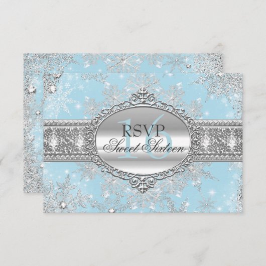 Blue Snowflake Winter Wonderland Sweet 16 RSVP (Voorkant / Achterkant)