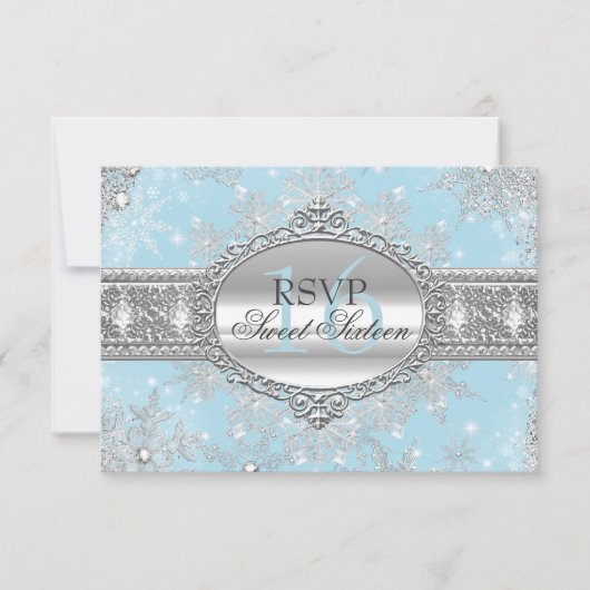 Blue Snowflake Winter Wonderland Sweet 16 RSVP Kaartje (Voorkant)