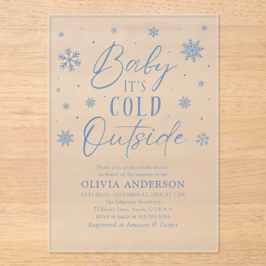 Blue Snowflakes Baby Het is koud buiten Baby showe Acryl Uitnodigingen (Voorkant)