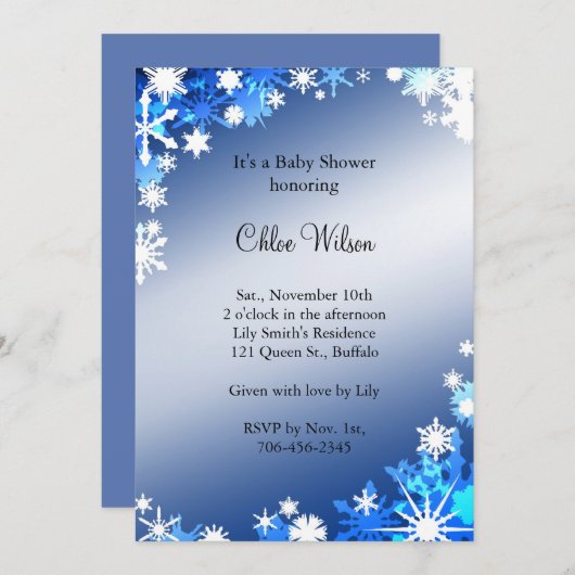 Blue Snowflakes Baby shower Invitation Kaart (Voorkant / Achterkant)