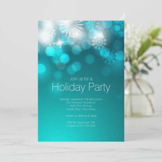 Blue Snowflakes & Bokeh Lights Holiday Uitnodiging (Staand voorkant)