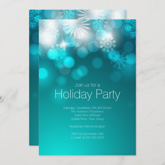 Blue Snowflakes & Bokeh Lights Holiday Uitnodiging (Voorkant / Achterkant)