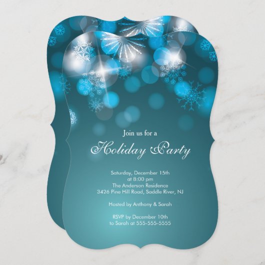 Blue Snowflakes & Bokeh Lights Holiday Uitnodiging (Voorkant / Achterkant)