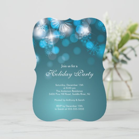 Blue Snowflakes & Bokeh Lights Holiday Uitnodiging (Staand voorkant)