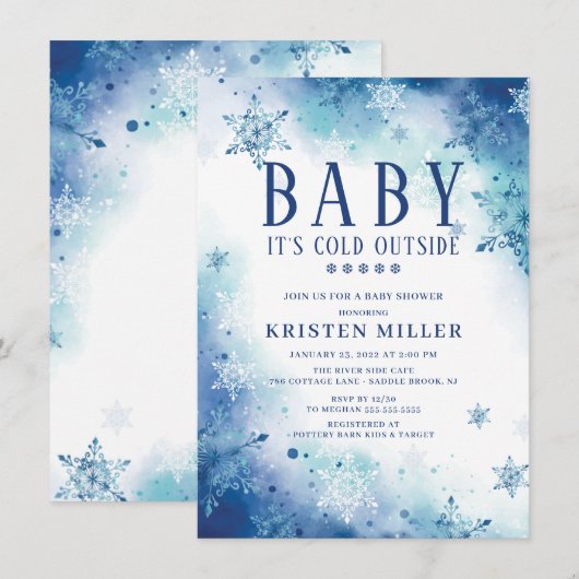 Blue Snowflakes Boys Winter Baby shower Invitation Kaart (Voorkant / Achterkant)
