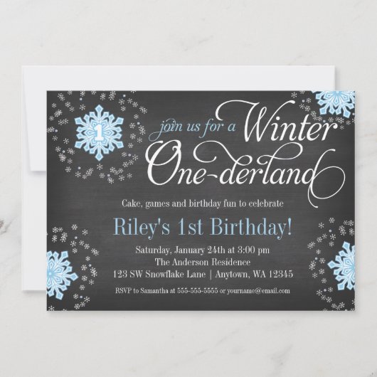 Blue Snowflakes Chalkboard Winter Onederland Kaart (Voorkant)