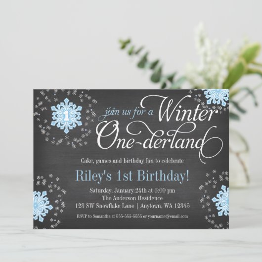Blue Snowflakes Chalkboard Winter Onederland Kaart (Staand voorkant)