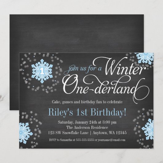 Blue Snowflakes Chalkboard Winter Onederland Kaart (Voorkant / Achterkant)