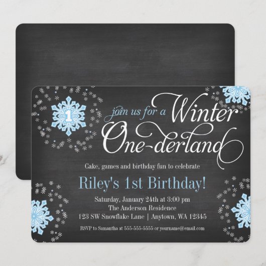Blue Snowflakes Chalkboard Winter Onederland Kaart (Voorkant / Achterkant)