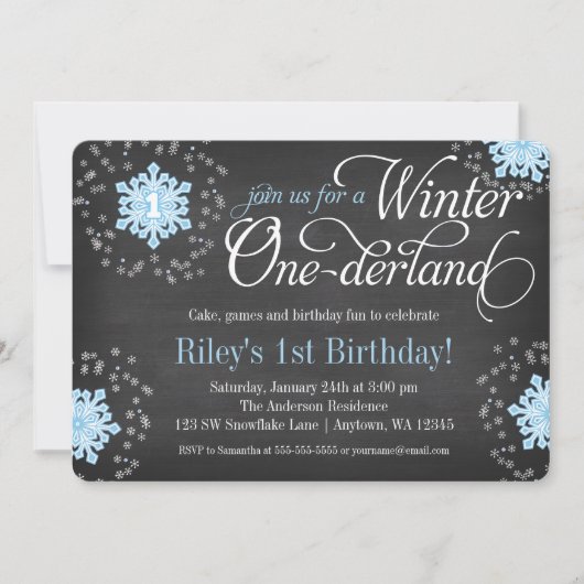 Blue Snowflakes Chalkboard Winter Onederland Kaart (Voorkant)