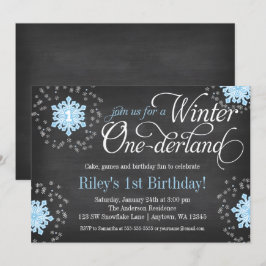 Blue Snowflakes Chalkboard Winter Onederland Kaart