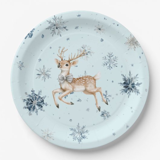 Blue Snowflakes Christmas Deer with Bow Papieren Bordje (Voorkant)