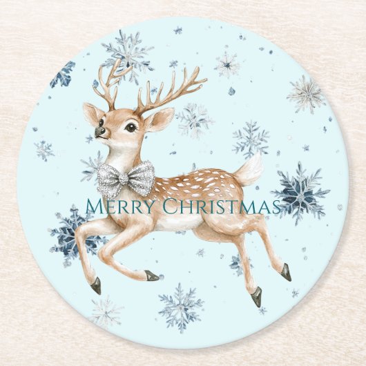 Blue Snowflakes Christmas Deer with Bow Ronde Kartonnen Onderzetter (Voorkant)
