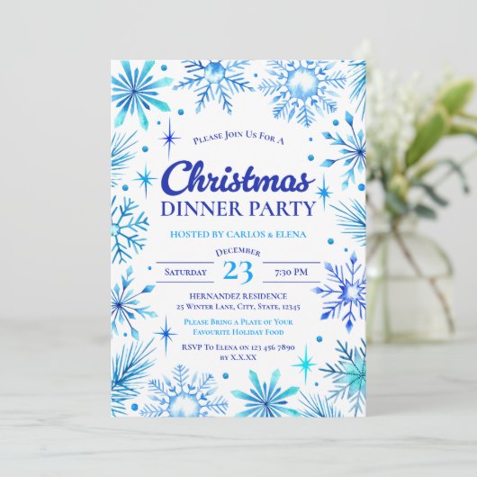 Blue Snowflakes Christmas Dinner Party Waterverf Kaart (Staand voorkant)