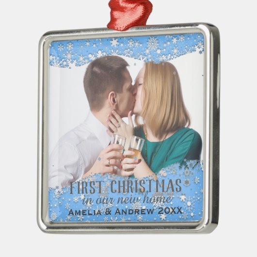 Blue Snowflakes Custom FotoKerstmis in New Home Metalen Ornament (Links)