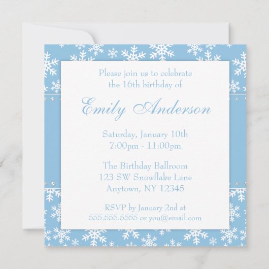 Blue Snowflakes Diamond Sweet 16 Kaart (Achterkant)