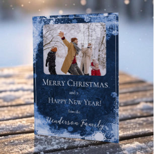 Blue Snowflakes Flat Holiday-fotokaart Feestdagenkaart