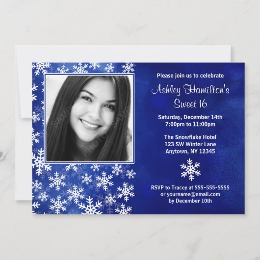 Blue Snowflakes Foto Sweet 16 Invitations Kaart (Voorkant)