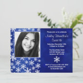 Blue Snowflakes Foto Sweet 16 Invitations Kaart (Staand voorkant)