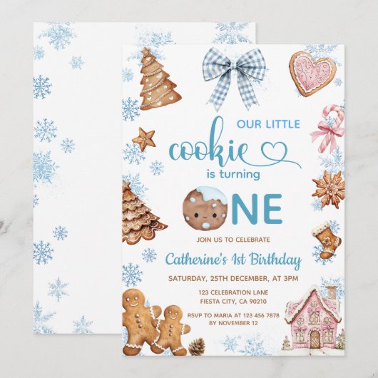 Blue Snowflakes Gingerbread Christmas 1st Birthday Kaart (Voorkant / Achterkant)