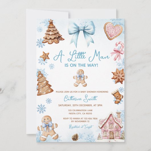 Blue Snowflakes Gingerbread Christmas Baby Shower Kaart (Voorkant)