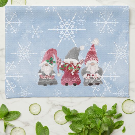 Blue Snowflakes Gnomes Love Joy Peace Waterverf Theedoek (Gevouwen)