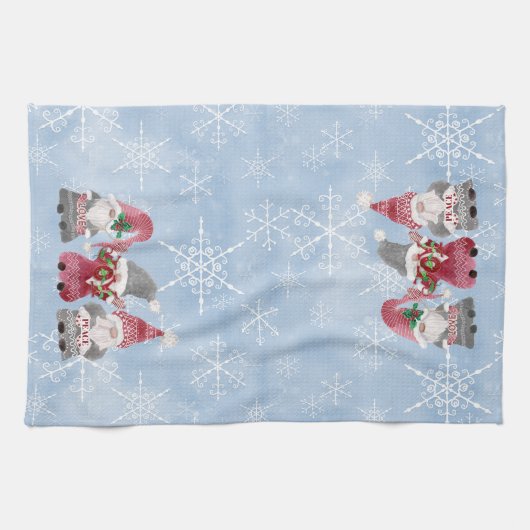 Blue Snowflakes Gnomes Love Joy Peace Waterverf Theedoek (Horizontaal)