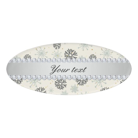 Blue Snowflakes Gold Stars Silver Diamonds Naambadge (Voorkant)