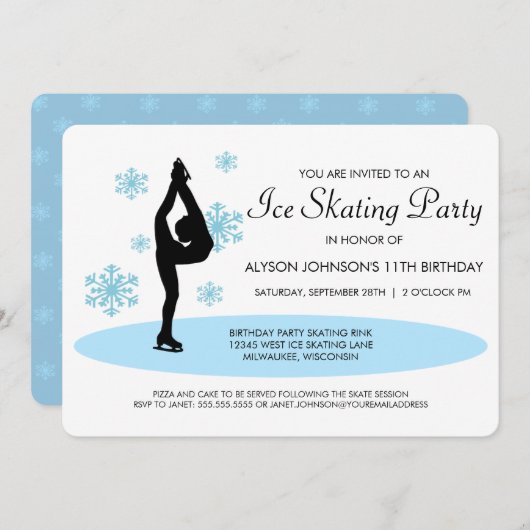 Blue Snowflakes Ice Skating Party Invitation Kaart (Voorkant / Achterkant)