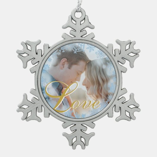 Blue Snowflakes kerstliefde Persoonlijke foto Tin Sneeuwvlok Ornament (Voorkant)